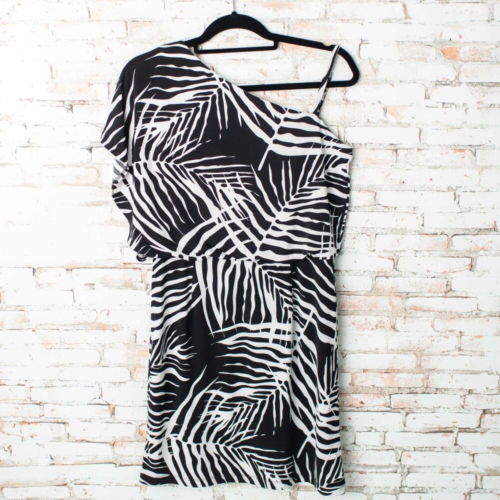 Versona Black White Tropical Palm Print One Shoulder Dress Size Small